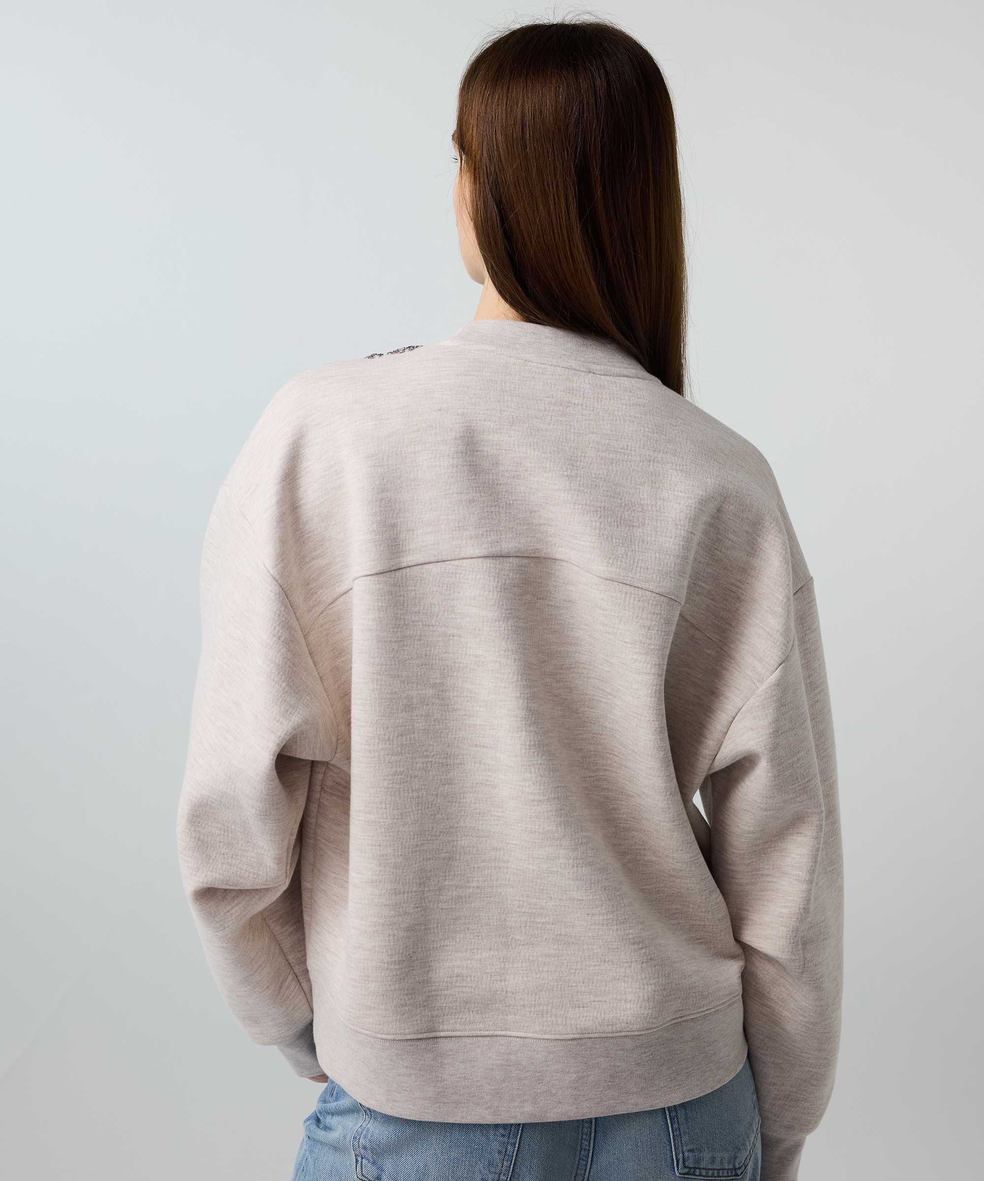 Slogan nakışlı boncuklu sweatshirt - IS1260091008023 - Bej Sweatshirt