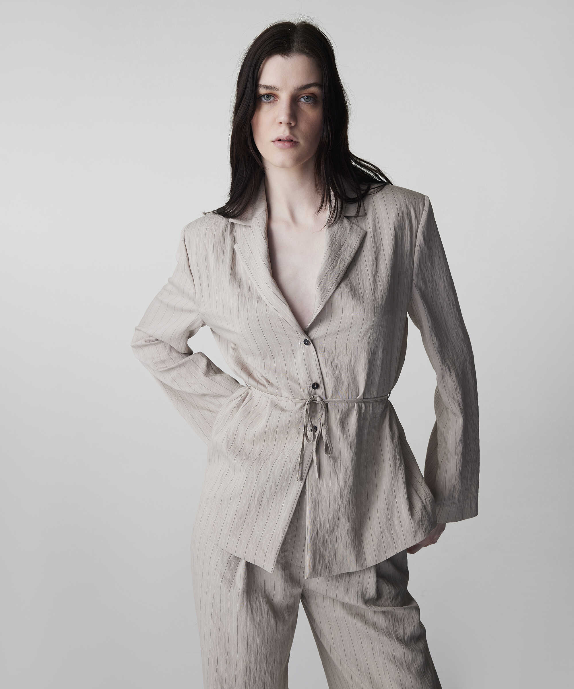 Çizgi jakarlı kuşaklı blazer - IS1260106024003 - Natürel Blazer