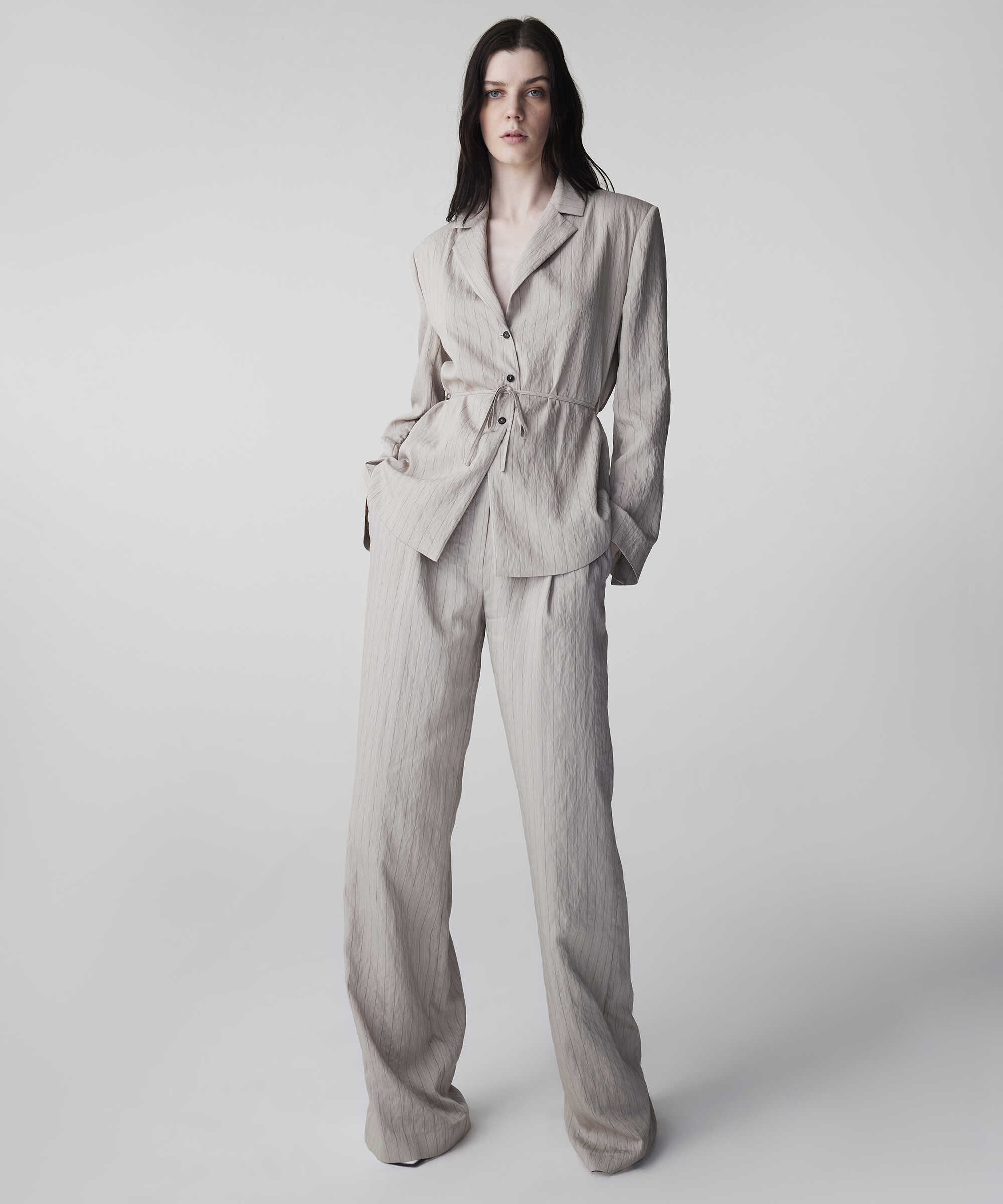 Çizgi jakarlı kuşaklı blazer - IS1260106024003 - Natürel Blazer