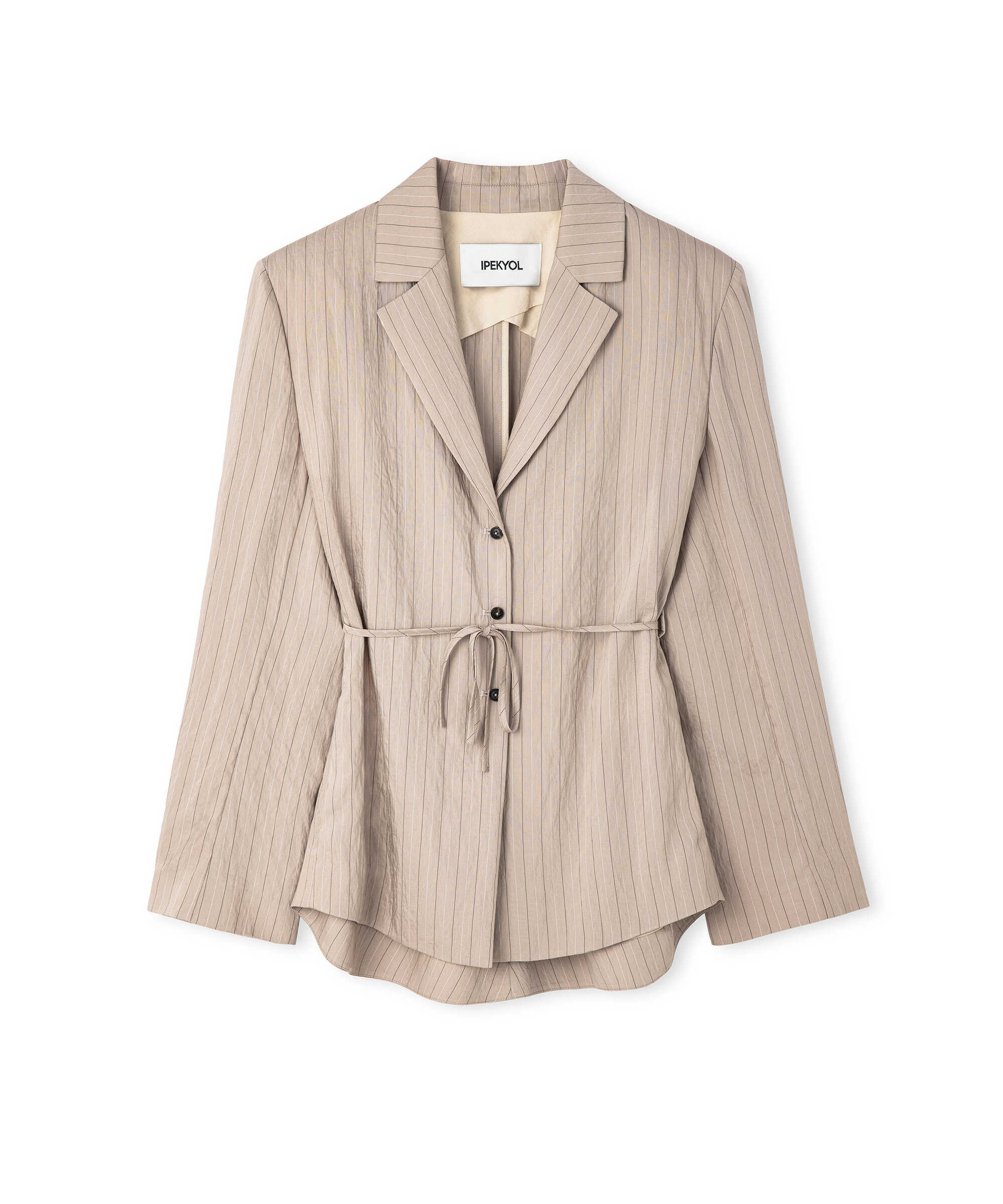 Çizgi jakarlı kuşaklı blazer - IS1260106024003 - Natürel Blazer
