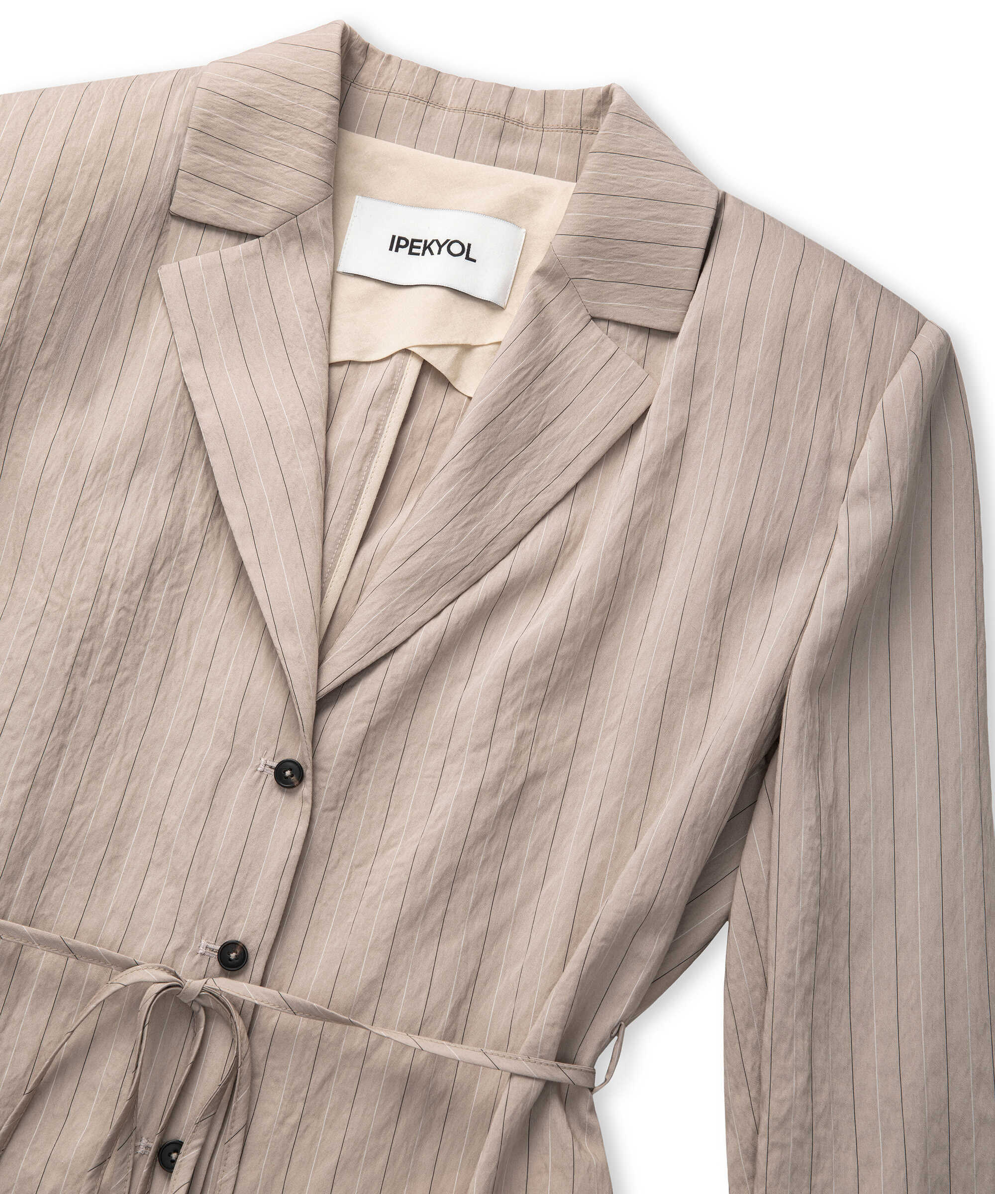 Çizgi jakarlı kuşaklı blazer - IS1260106024003 - Natürel Blazer