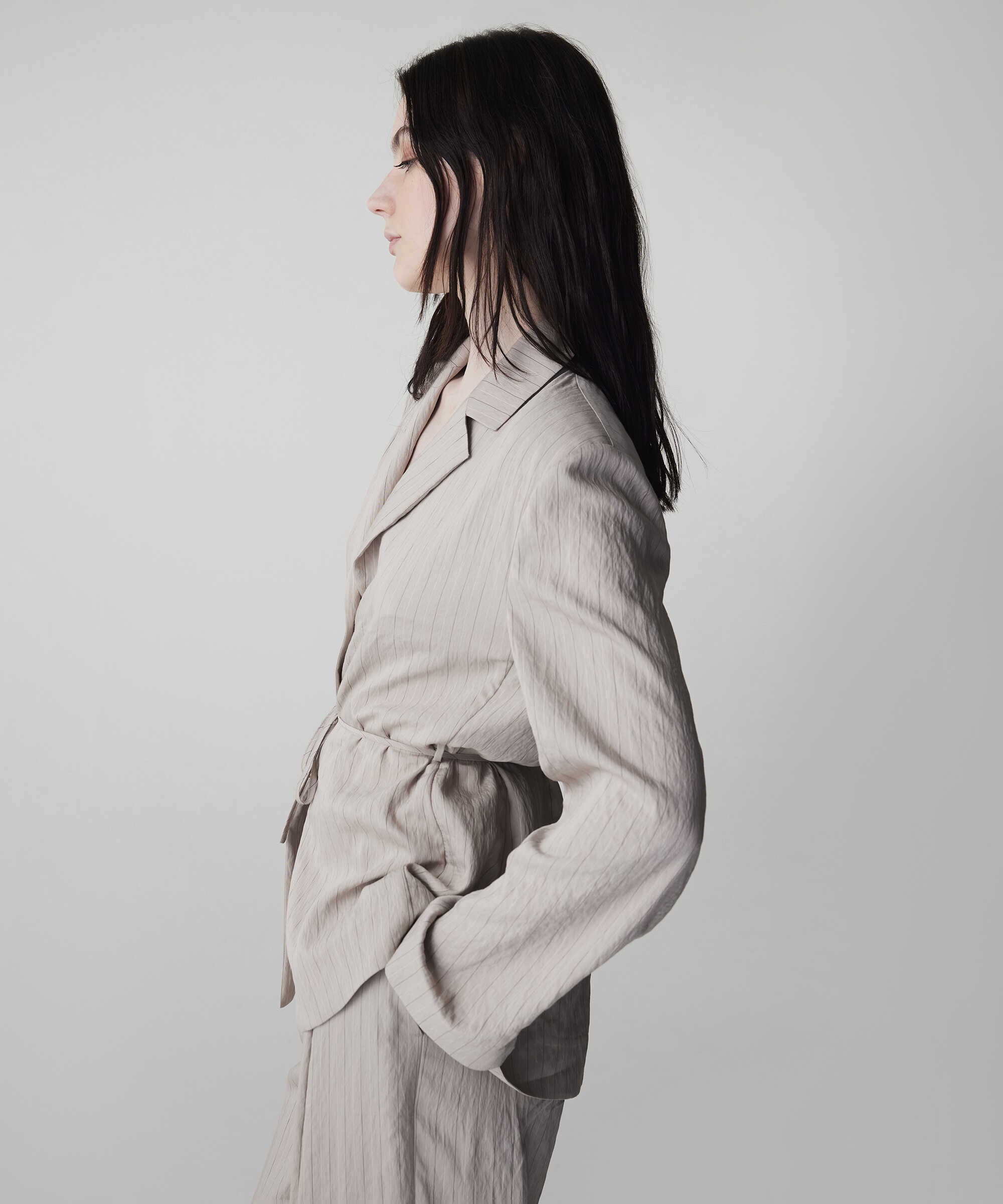 Çizgi jakarlı kuşaklı blazer - IS1260106024003 - Natürel Blazer