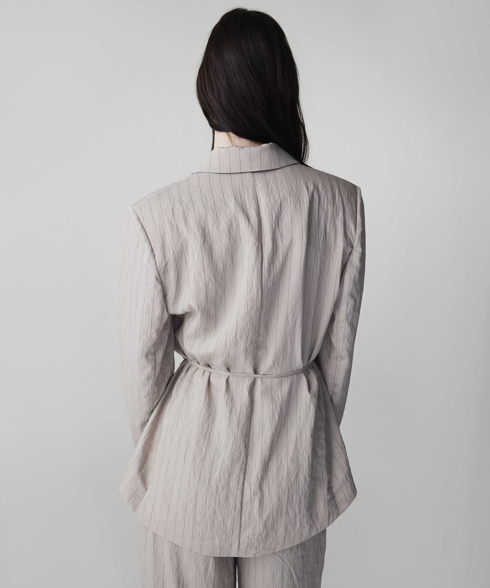 Çizgi jakarlı kuşaklı blazer - IS1260106024003 - Natürel Blazer