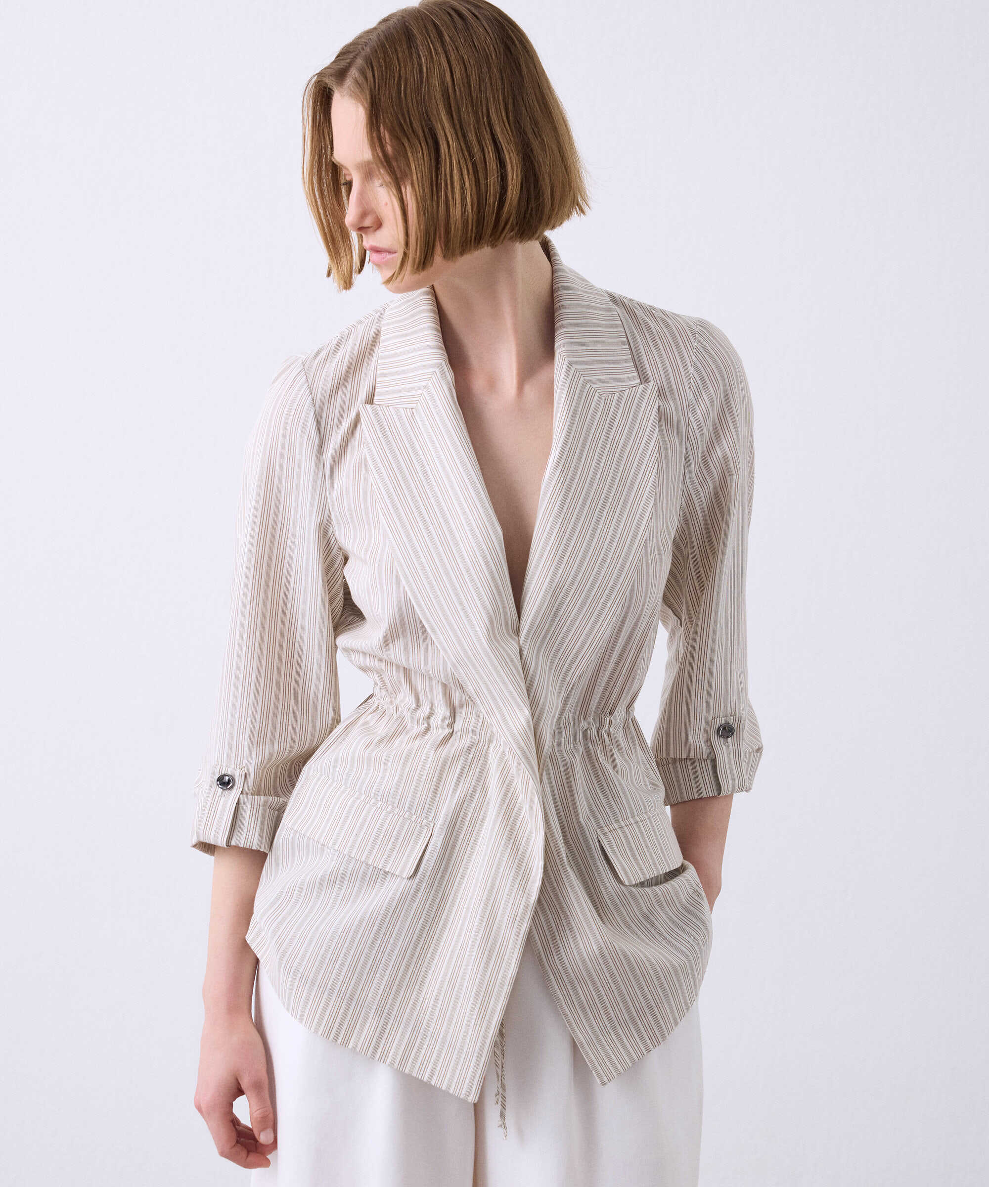 Çizgi desen blazer - IS1260106074003 - Natürel Blazer