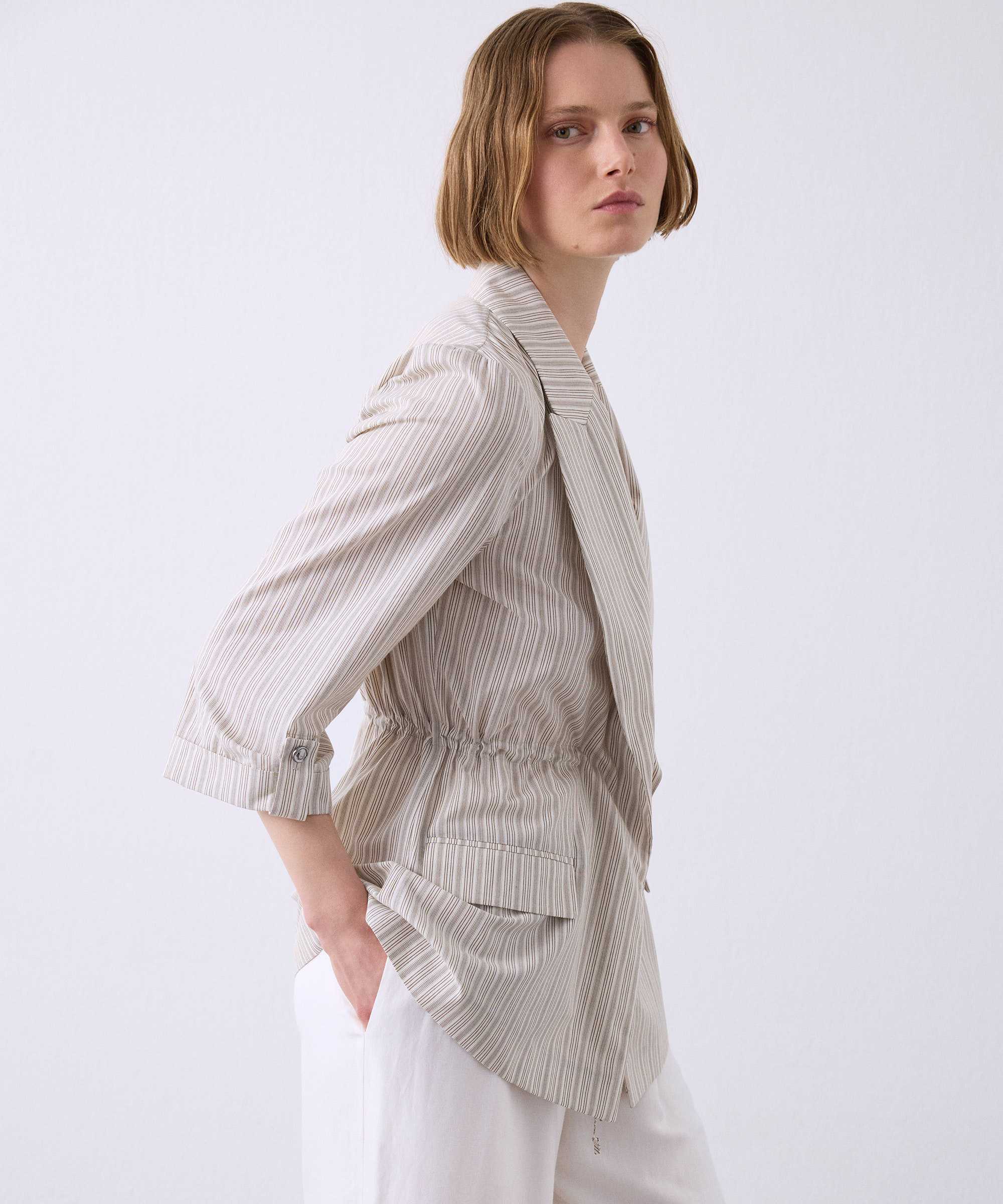 Çizgi desen blazer - IS1260106074003 - Natürel Blazer