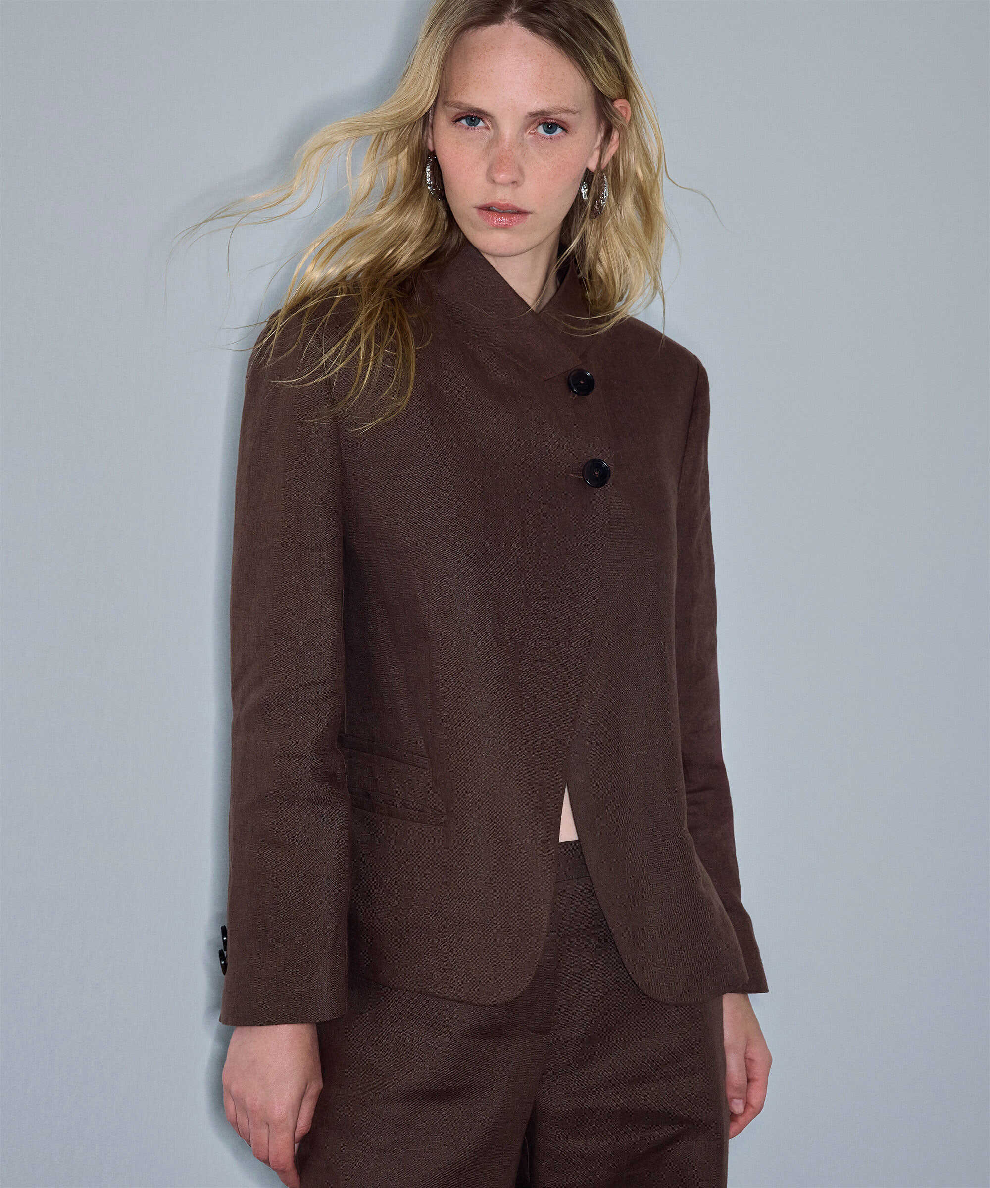 Yüksek yaka keten blazer - IS1260106075074 - Kahverengi Blazer