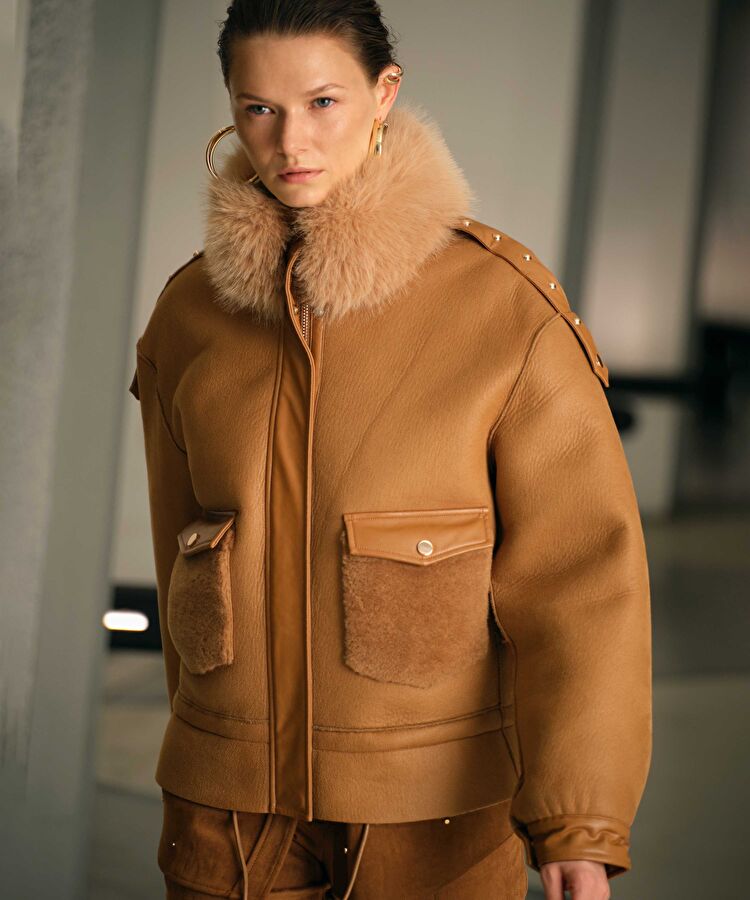 Kahverengi Suni kürk mix mont IW6240012162027 | İpekyol