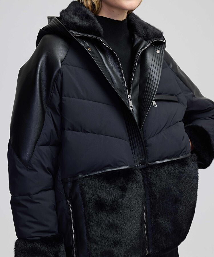 Siyah Suni kürk ve deri mix şişme mont IW6240012167001 | İpekyol