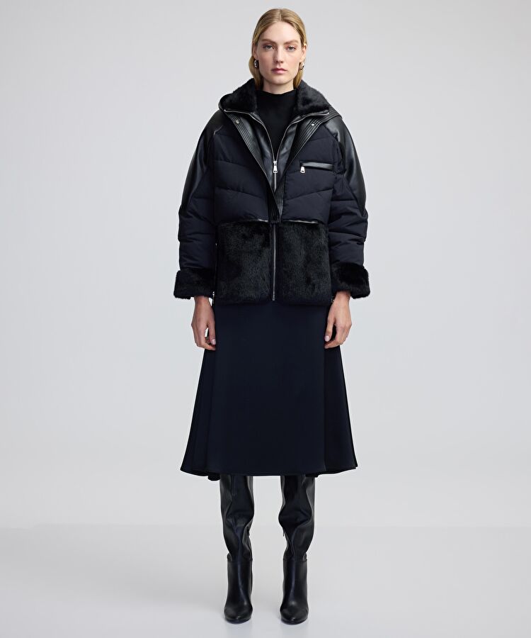 Siyah Suni kürk ve deri mix şişme mont IW6240012167001 | İpekyol