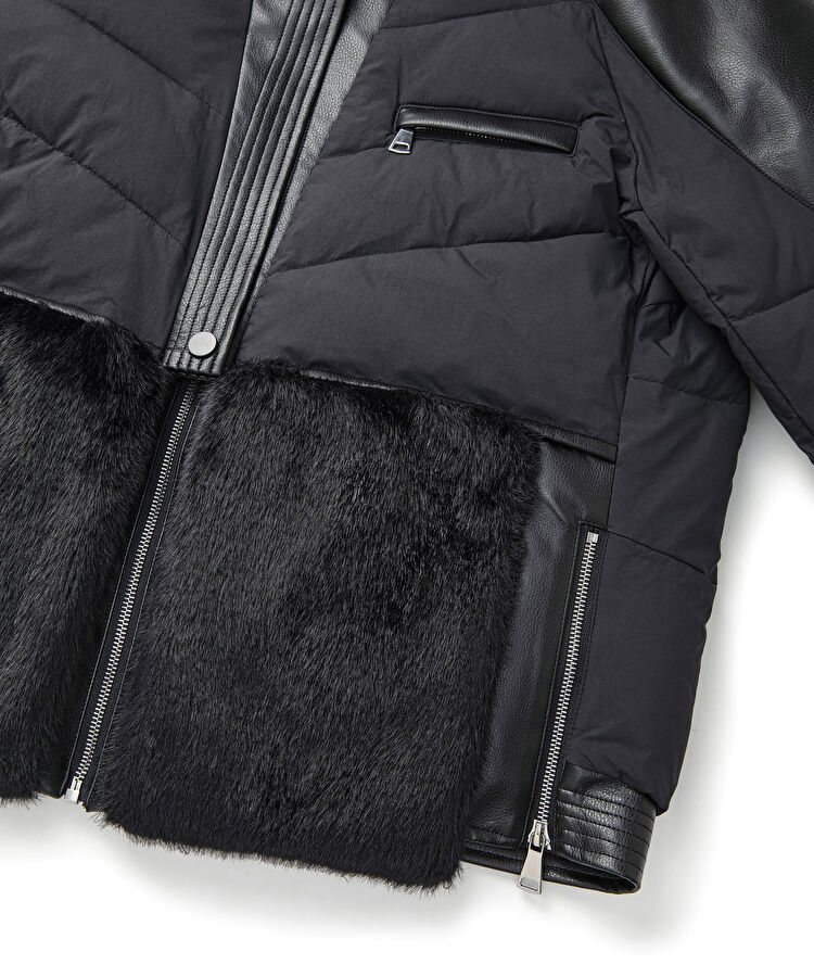 Siyah Suni kürk ve deri mix şişme mont IW6240012167001 | İpekyol