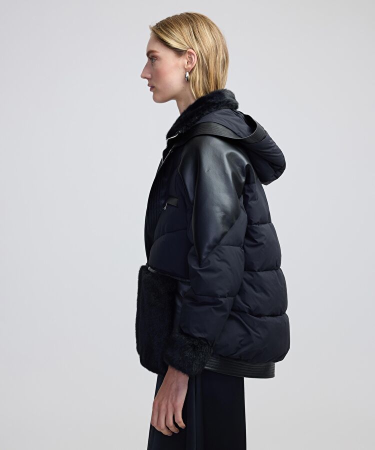 Siyah Suni kürk ve deri mix şişme mont IW6240012167001 | İpekyol