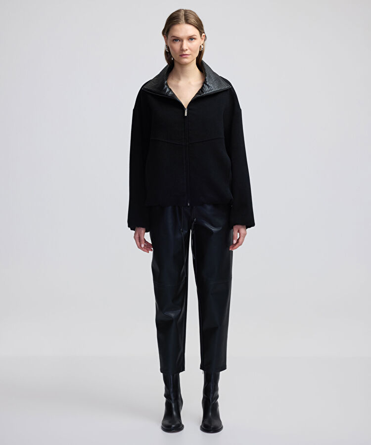 Siyah Suni deri mix mont IW6240012281001 | İpekyol