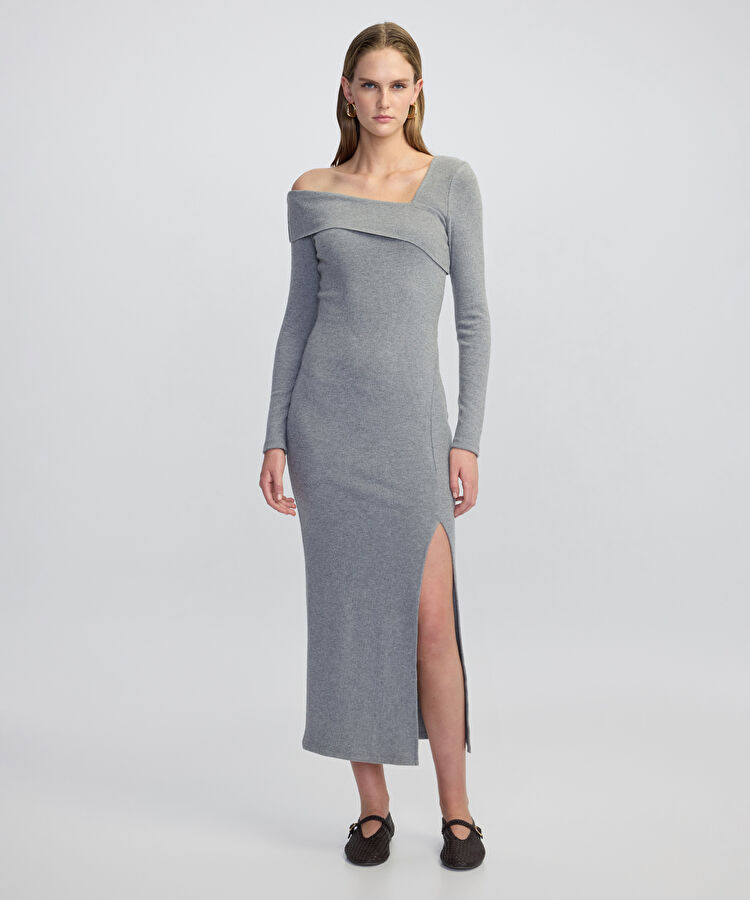 Asimetrik yaka midi elbise - IW6250002106126 - Gri Elbise