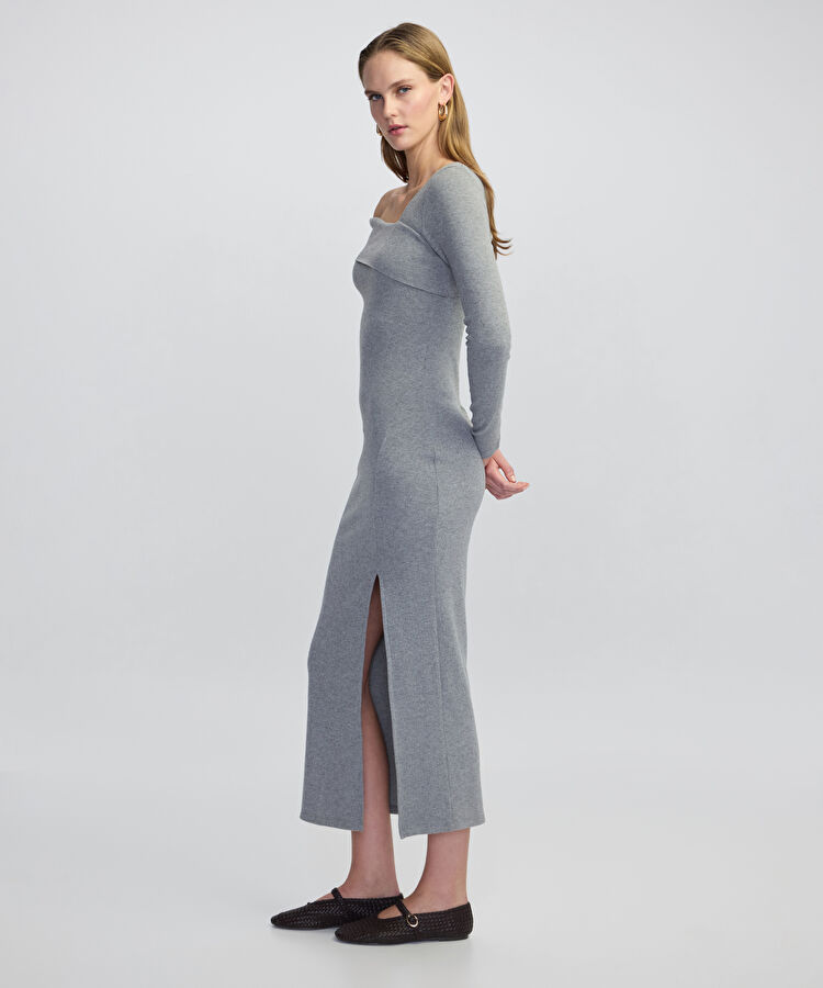 Asimetrik yaka midi elbise - IW6250002106126 - Gri Elbise