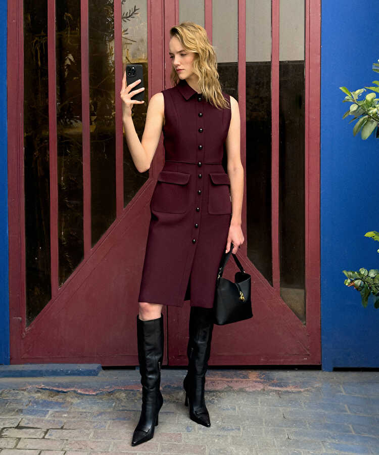 Geniş cepli midi elbise - IW6250002197035 - Bordo Elbise