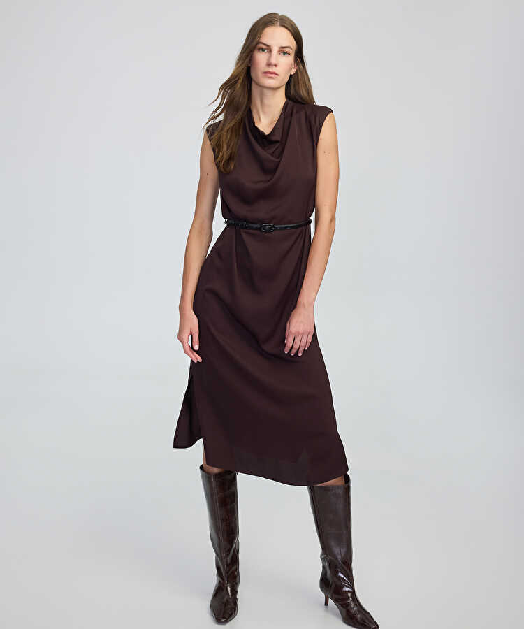Kemerli midi elbise - IW6250002234074 - Kahverengi Elbise