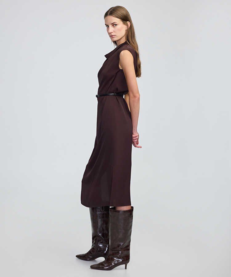 Kemerli midi elbise - IW6250002234074 - Kahverengi Elbise