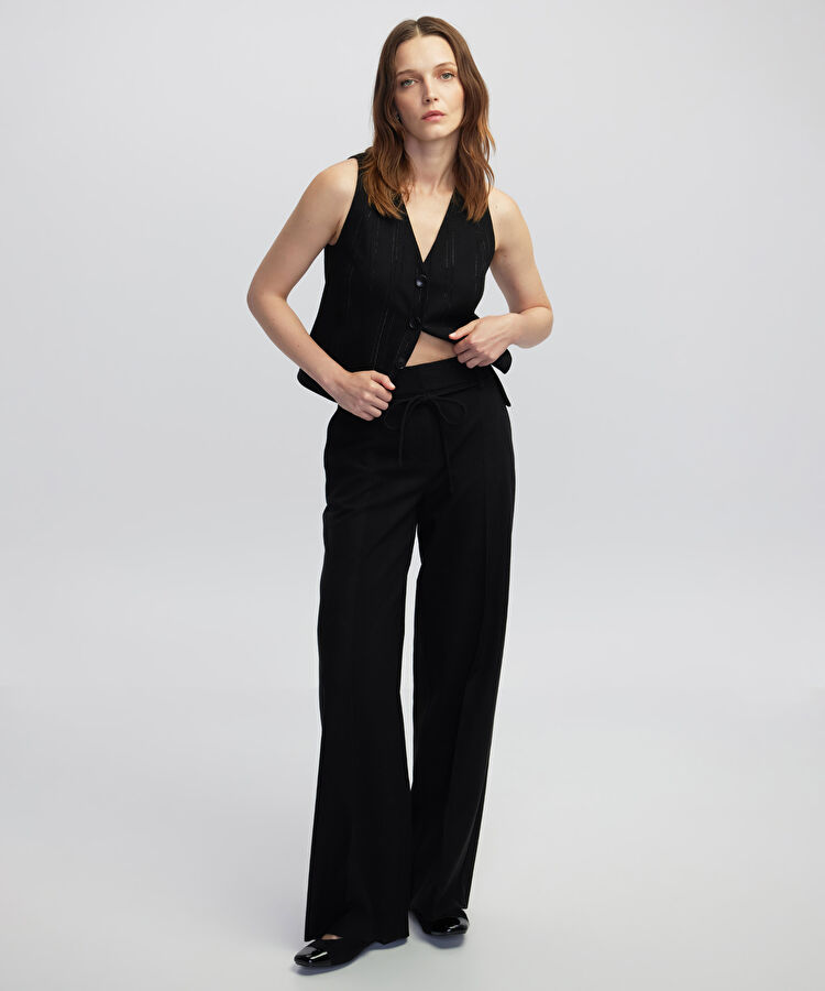 İnce kordonlu wide leg fit pantolon - IW6250003103001 - Siyah Pantolon
