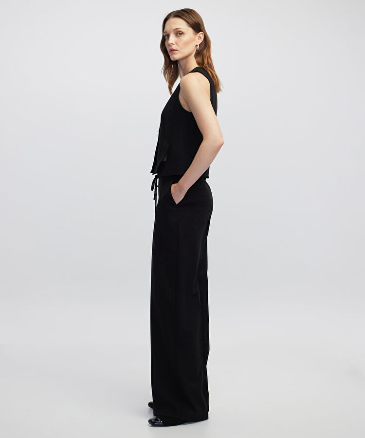 İnce kordonlu wide leg fit pantolon - IW6250003103001 - Siyah Pantolon