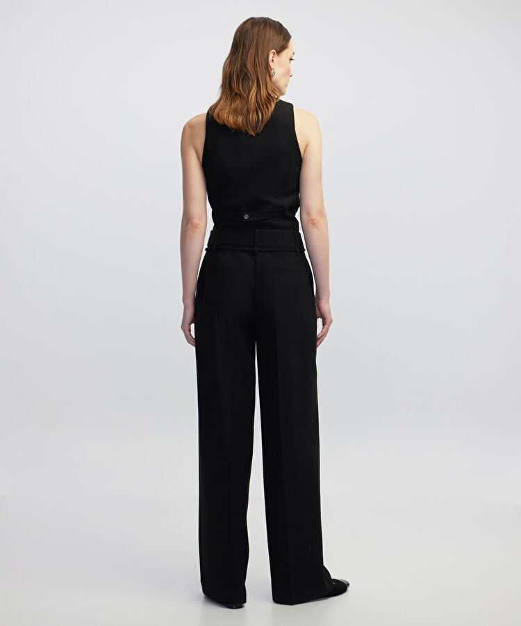 İnce kordonlu wide leg fit pantolon - IW6250003103001 - Siyah Pantolon