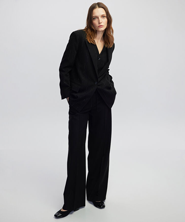 İnce kordonlu wide leg fit pantolon - IW6250003103001 - Siyah Pantolon