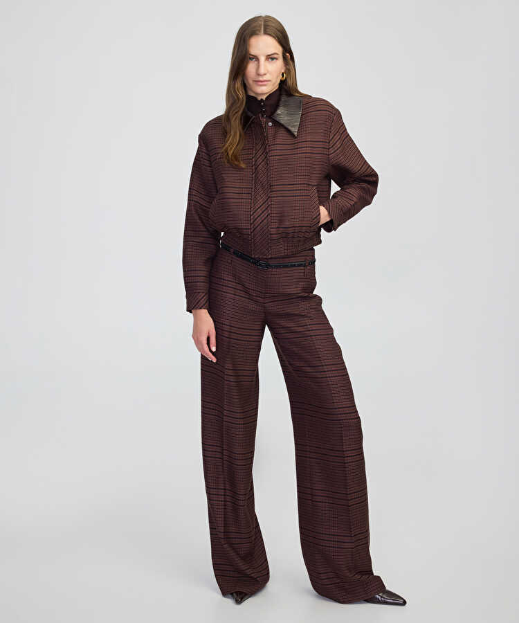 Ekose desen wide leg fit pantolon - IW6250003197074 - Kahverengi Pantolon