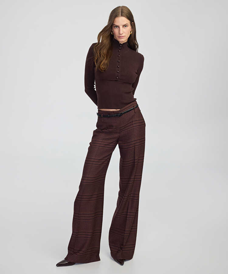 Ekose desen wide leg fit pantolon - IW6250003197074 - Kahverengi Pantolon