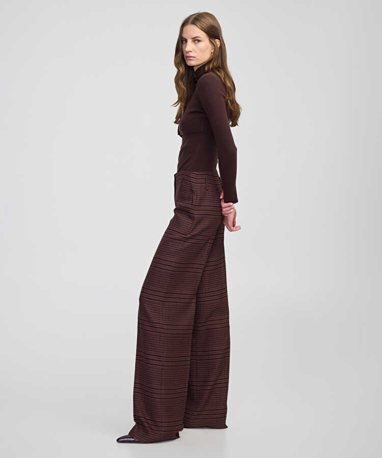 Ekose desen wide leg fit pantolon - IW6250003197074 - Kahverengi Pantolon