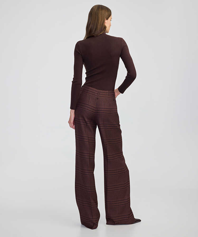 Ekose desen wide leg fit pantolon - IW6250003197074 - Kahverengi Pantolon