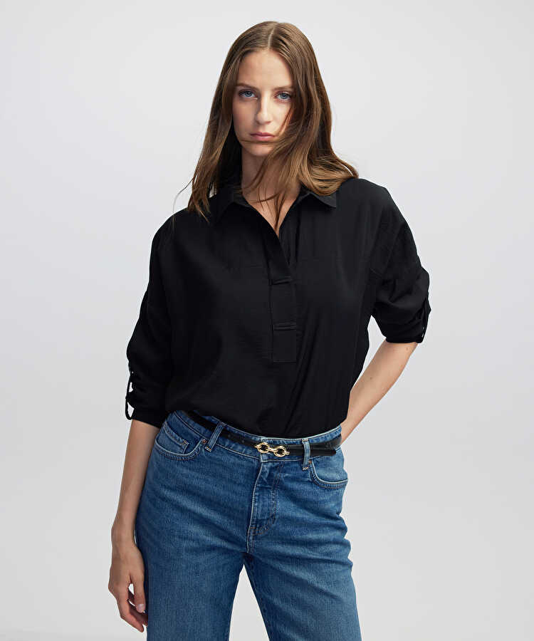 Gömlek yaka bluz - IW6250006060001 - Siyah Bluz
