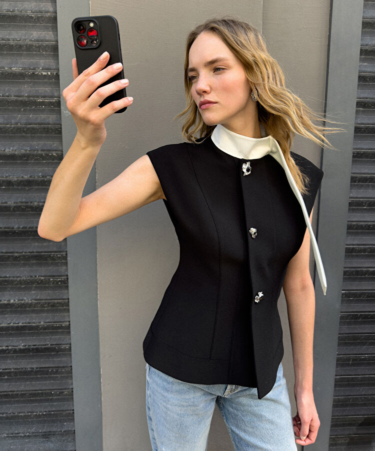 Metal düğmeli colorblock yelek - IW6250007029001 - Siyah Yelek