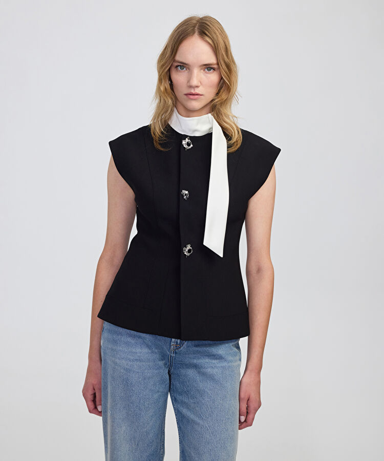 Metal düğmeli colorblock yelek - IW6250007029001 - Siyah Yelek