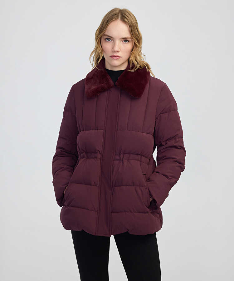 Suni kürk yakalı kapitone mont - IW6250012072035 - Bordo Mont