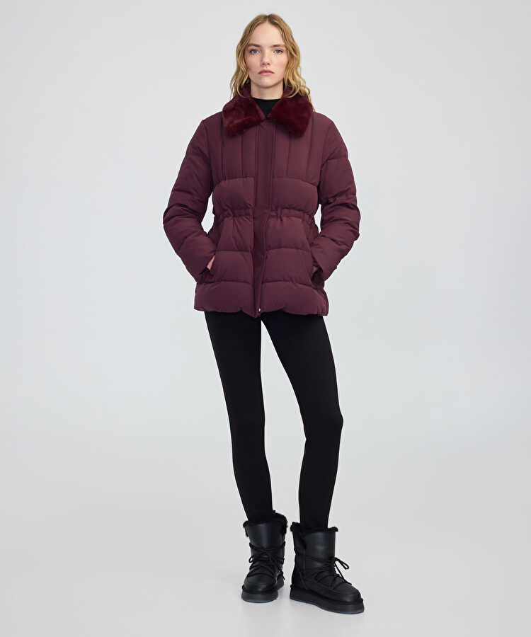 Suni kürk yakalı kapitone mont - IW6250012072035 - Bordo Mont