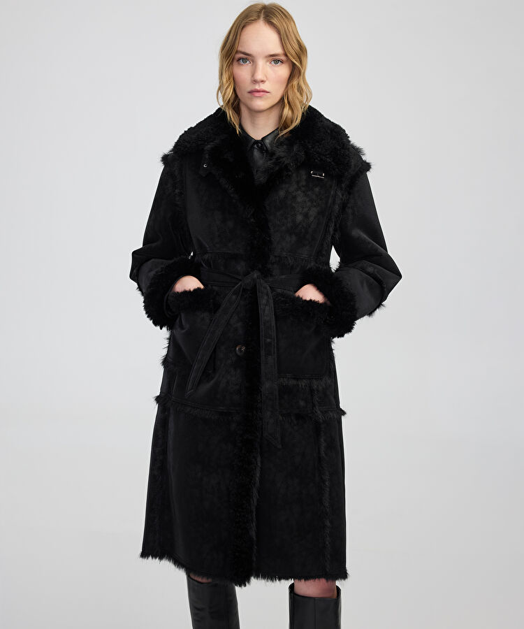 Suni kürk mix kuşaklı mont - IW6250012088001 - Siyah Mont