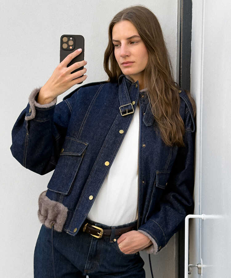 Suni kürk mix kemerli denim mont  - IW6250012208629 - İndigo Mont