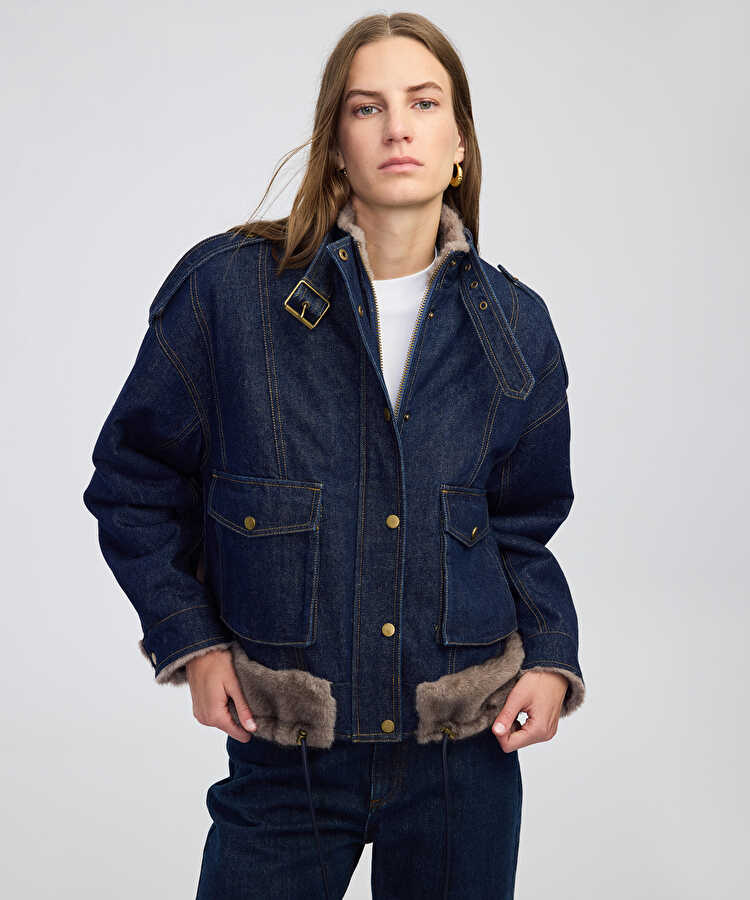Suni kürk mix kemerli denim mont  - IW6250012208629 - İndigo Mont