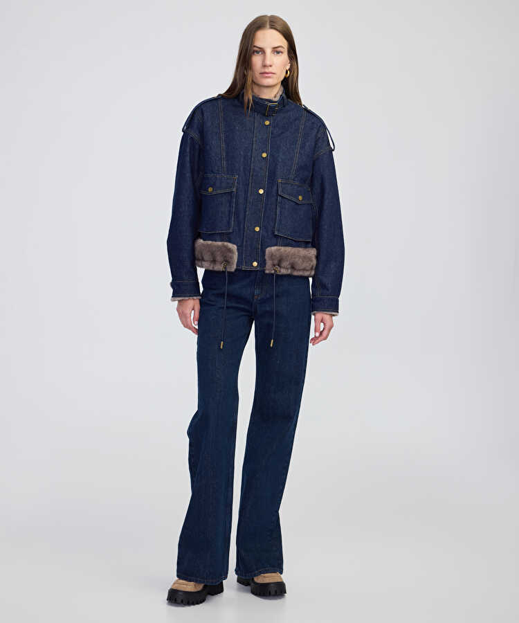 Suni kürk mix kemerli denim mont  - IW6250012208629 - İndigo Mont