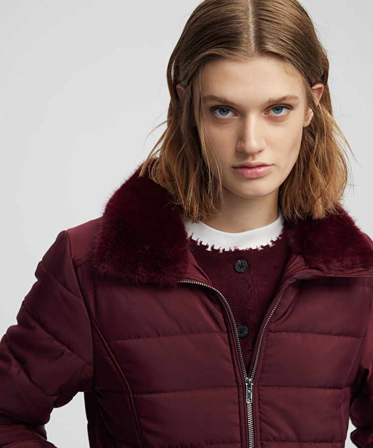 Suni kürk yakalı şişme mont - IW6250012256035 - Bordo Mont