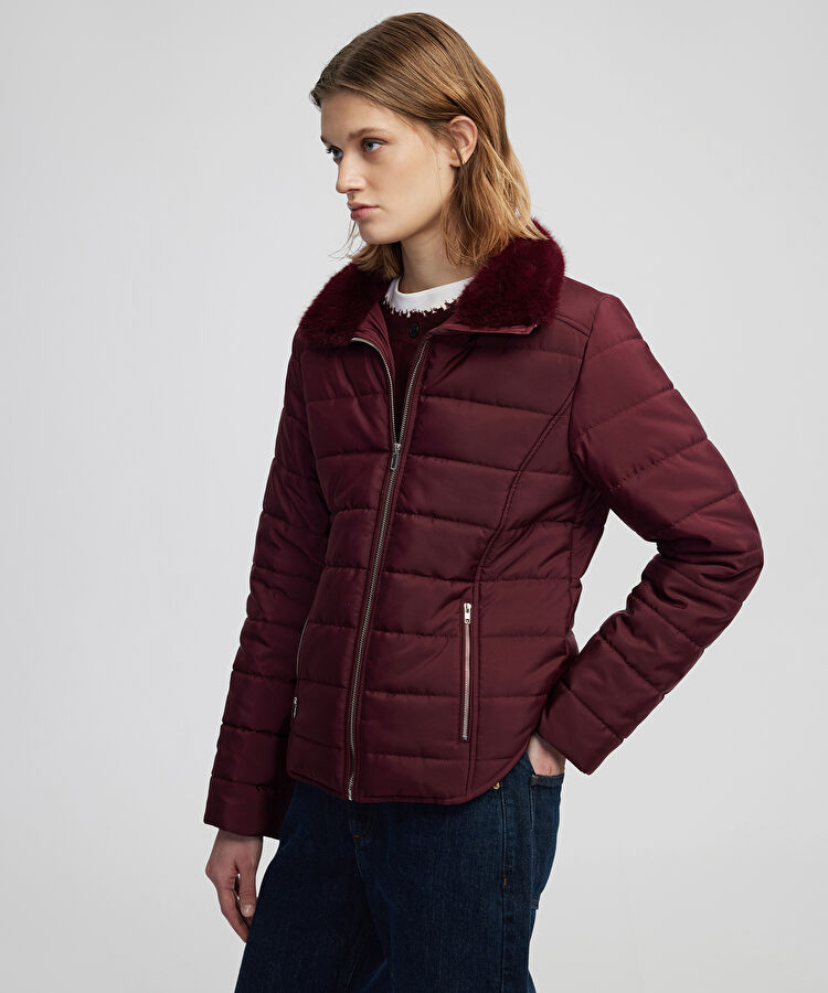 Suni kürk yakalı şişme mont - IW6250012256035 - Bordo Mont