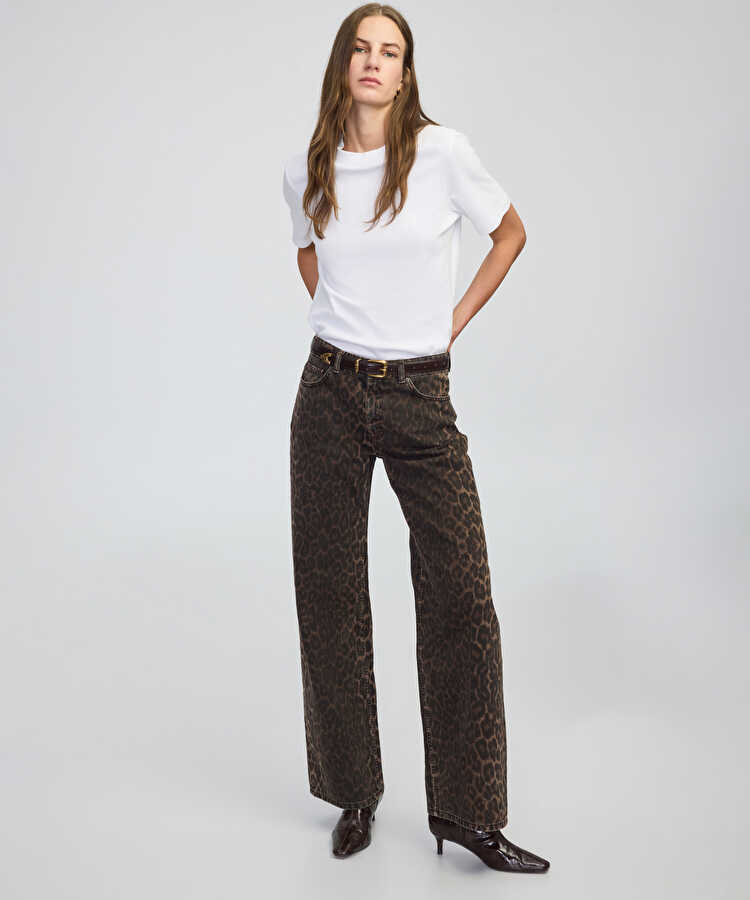 Leopar desen palazzo jean pantolon - IW6250018038074 - Kahverengi Jean Pantolon