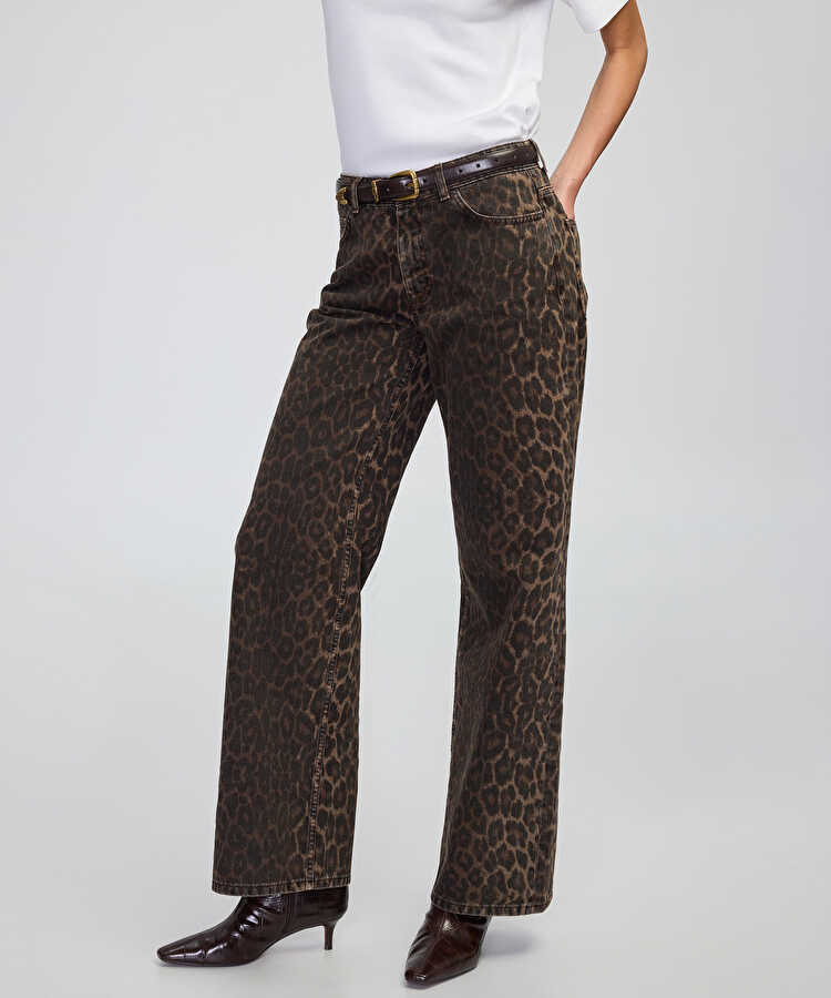 Leopar desen palazzo jean pantolon - IW6250018038074 - Kahverengi Jean Pantolon