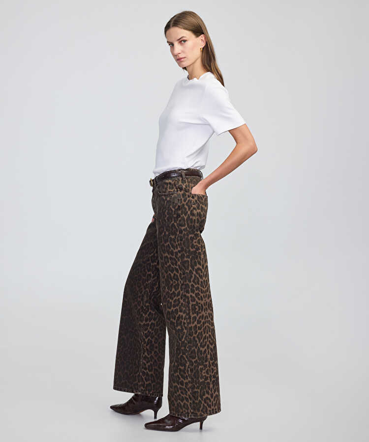 Leopar desen palazzo jean pantolon - IW6250018038074 - Kahverengi Jean Pantolon