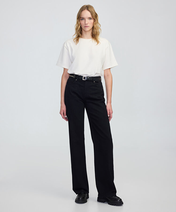 Zincirli kemerli wide leg jean pantolon - IW6250018048001 - Siyah Jean Pantolon