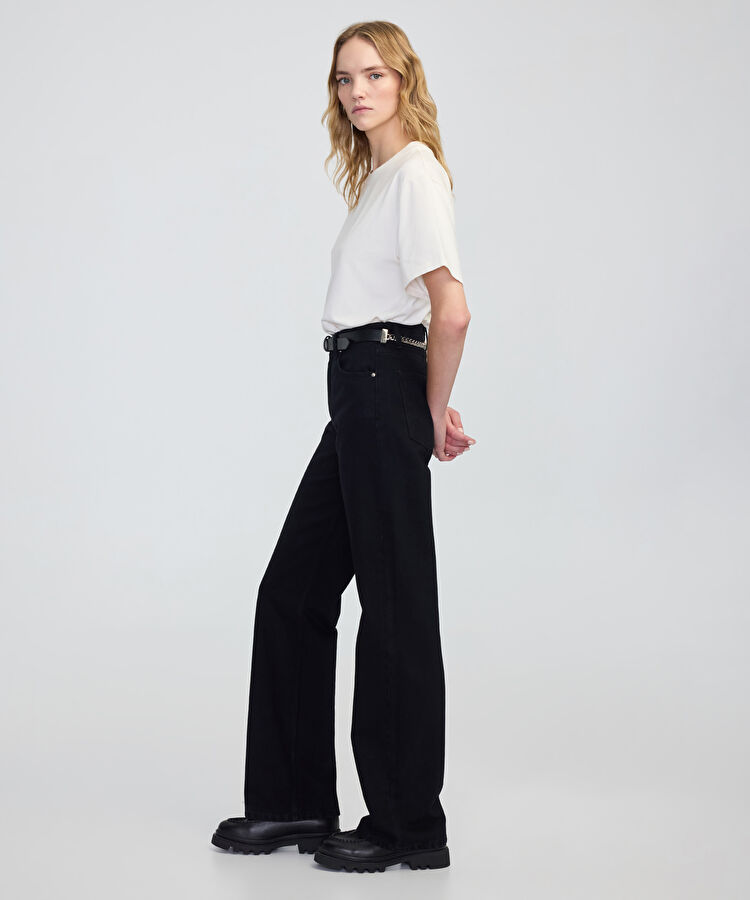 Zincirli kemerli wide leg jean pantolon - IW6250018048001 - Siyah Jean Pantolon