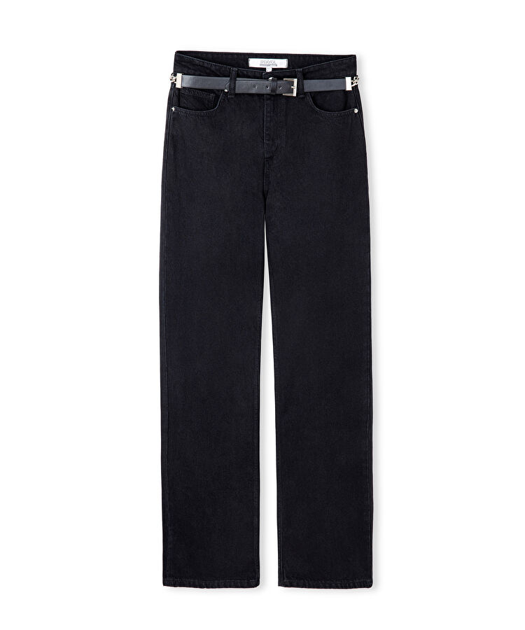 Zincirli kemerli wide leg jean pantolon - IW6250018048001 - Siyah Jean Pantolon