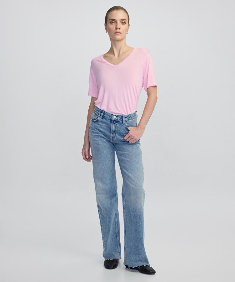 V yaka basic tişört - IW6250070015033 - Pembe Tişört