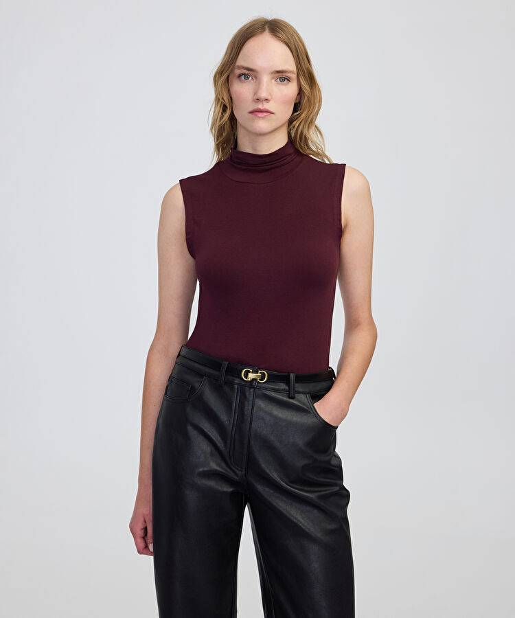 Yüksek yaka basic tişört - IW6250070128035 - Bordo Tişört