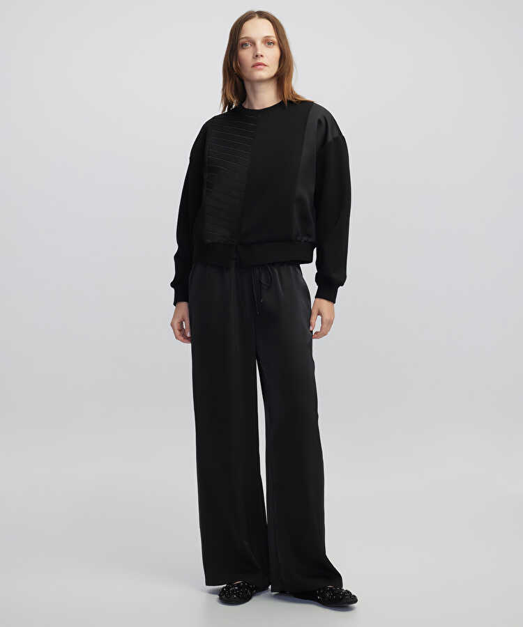 Kontrast dokulu sweatshirt - IW6250091022001 - Siyah Sweatshirt