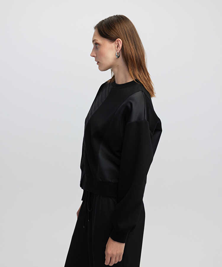 Kontrast dokulu sweatshirt - IW6250091022001 - Siyah Sweatshirt